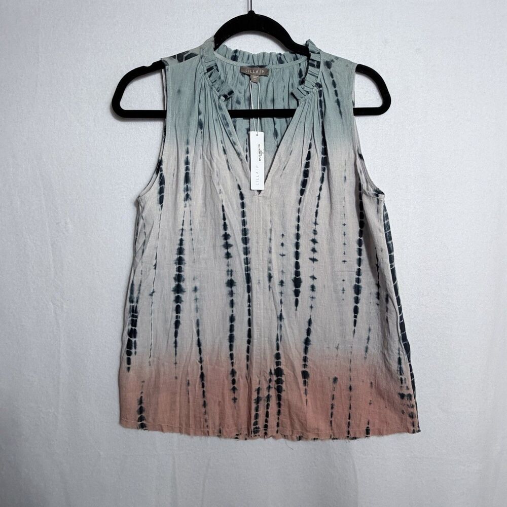 NEW Lilla P Ombre Tie Dye Cotton Ruffled Collar Split Neck Top Blouse Size S